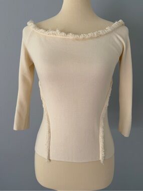 Cream Ivory Soft Knit Top Frayed Yarn Neckline Trim Bateau 3/4 Sleeve US 8/EU46